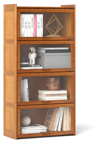 GOPLUS Bücherregal mit Türen, Bücherschrank aus Bambus, Vitrinenschrank im Flip-Schranktür-Design, Acryl Sammlung Vitrine Aufbewahrungsschrank für Wohnzimmer, Büro, 69 x 34 x 140 cm (Braun)