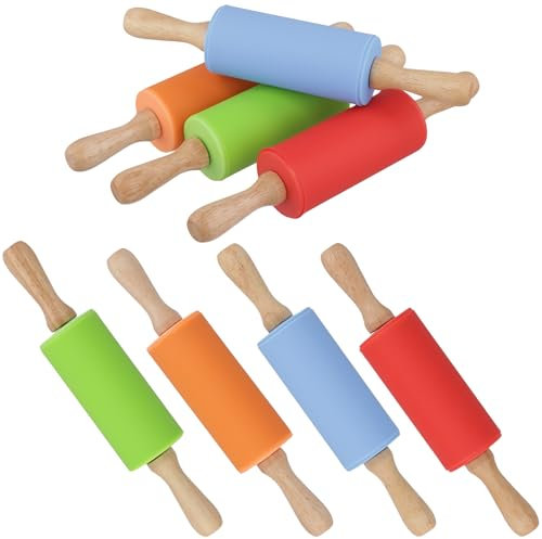 CHIHEUNG 8 PCS Silicone Rolling Pins, 23cm Rolling Pin for Baking, Mini Dough Roller with Wooden Handles, Non-Stick Baking Pin for Pizza Cookie Pastry (Red/Green/Orange/Blue)