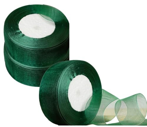 Auriselle 3 rotoli 40 mm x 45 metri nastro organza, trasparente organza nastri larghi fai da te regalo fiocco nastro decorativo per tavolo tessuto albero Natale decorazione di nozze verde