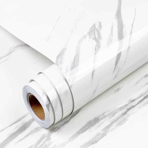 Yenhome Papier Adhesif pour Meuble Blanc Effet Marbre 40x500cm Revetement Adhesif Meuble Cuisine Plan de Travail Vinyle Rouleau Papier Peint Blanc Marbre Brillant pour Armoire Cuisine Crédence