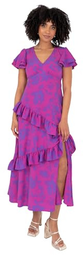 Lovedrobe Women's Midaxi Dress Ladies V-Neck Flutter Sleeve Floral Print Tiered Ruffle Asymmetric Leg Split A-line Wedding Guest, Purple 26