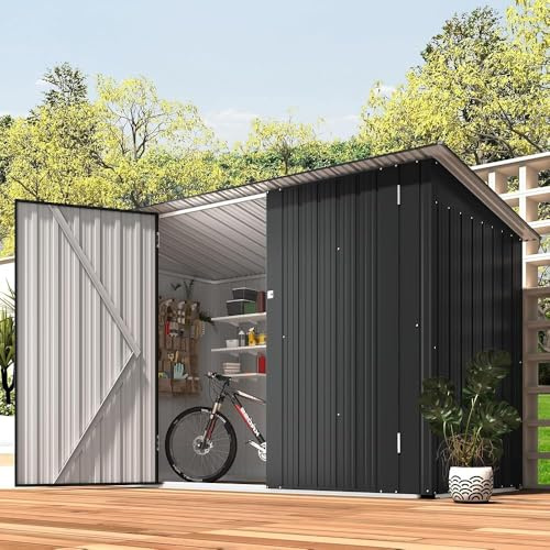 YODOLLA Fahrradschuppen 214x143x96cm, 2 Türen mit Schloss | Metall Gerätehaus abschließbares, außen wasserdichtes verzinktes Geräteschuppen für Garten, Grau