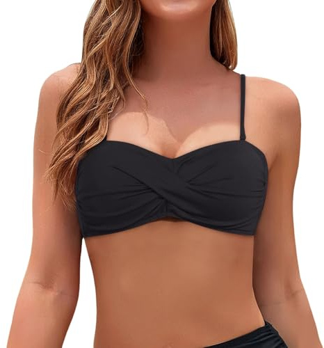 Haut de Maillot de Bain Femme Bandeau Push-Up Sexy Bikini Bandeau Bretelles Amovibles et sans Bretelles Col en V Croisée Hauts de Bikinis pour Femme Haut de Bikini Noir avec Rembourrage Amovible