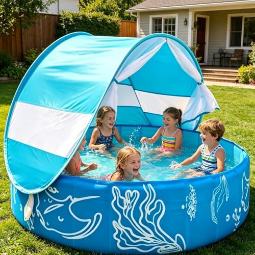Dog Paddling Pool With Canopy - 120x30cm Large Dog Pool With UV Protection | Foldable PaddlingPool For Kids & Dogs, Babys PaddlingPool With Sun Shade For Beach Holiday Camping Picnics Travel