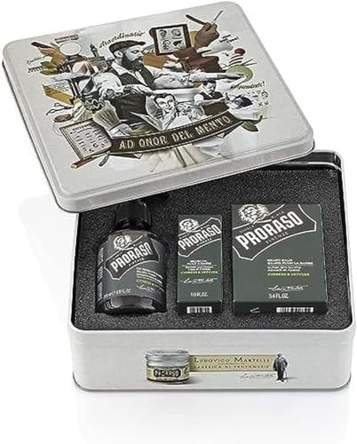 Proraso Bartpflege Trio Set, Cypress and Vetyver (3er Pack), hochwertiges Set mit nährendem Bartöl, reinigendem Bartshampoo und beruhigendem Bart Balsam, Made in Italy