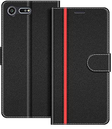 COODIO Handyhülle für Sony Xperia XZ Premium Handy Hülle, Sony Xperia XZ Premium Hülle Leder Handytasche für Sony Xperia XZ Premium Klapphülle Tasche, Schwarz/Rot