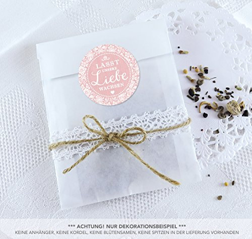 Blütensamen Tüten Set 24 Sticker LASST UNSERE LIEBE WACHSEN ROSA VINTAGE ORNAMENTE 4cm matt rund + 24 Flachbeutel weiß 130 x 95 + 16 mm Hochzeit Taufe Blüten Samen Gastgeschenke Deko Geburtstag
