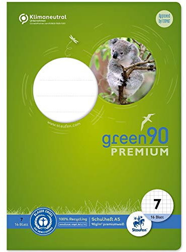Staufen Green Heft - DIN A5, Lineatur 7 (7mm kariert), 16 Blatt, premiumweißes 90g/m² Recyclingpapier, runde Ecken verhindern „Eselsohren“, 1 Stück
