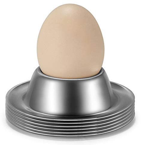 Flexzion Egg Cup Holder Set of 6 Pack - Stainless Steel Egg Cups Plates Four Pieces Serveware Tableware Holder Accessories for Hard Soft Boiled Egg Spoon Breakfast Brunch Kitchen Restaurant Display