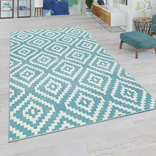 Paco Home Wohnzimmer Teppich, Rauten Muster in Pastell Farben, Moderner Boho Ethno Look, Grösse:240x320 cm, Farbe:Blau