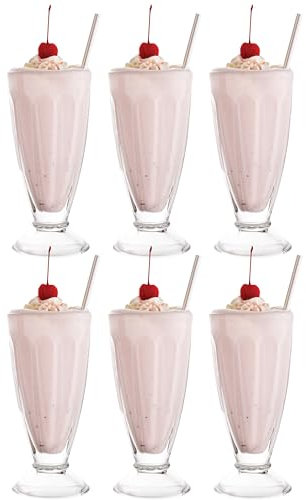 Vikko 326 ml Eisbecher mit Fuß,Klassischer ikonischer Drogerie-Stil – für Schwimmer, Shakes, und Eisbecher – Dickes, robustes Glas – Set mit sechs hohen Eisbechern – 8.1 cm Durchmesserx17.3 cm Höhe