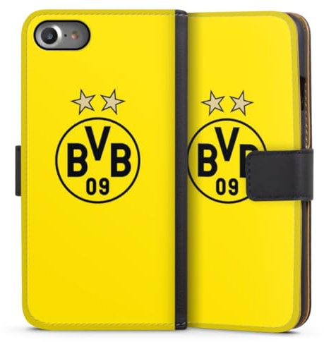 Klapphülle kompatibel mit Apple iPhone SE (2020) Handyhülle aus Kunst Leder schwarz Flip Case Borussia Dortmund Sterne BVB