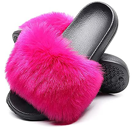 Sandali da Donna con Scivolo Piatto in Pelliccia Sintetica Fluffy Open Toe Slipper Soft Cozy,40-41,Rose Red