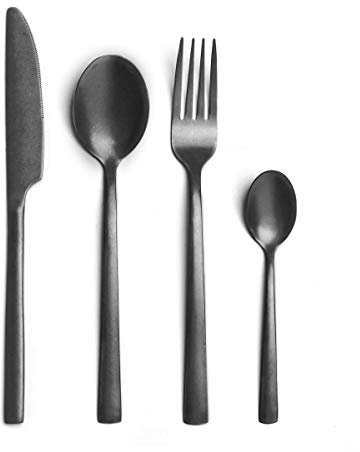 Comas Juego Cubiertos 24 Piezas Negro Conjunto Cuchara, Tenedor, Cuchillo de Mesa y Cuchara Café de Acero Inoxidable Efecto Envejecido Mango Liso. Set Conjunto 24 Piezas.