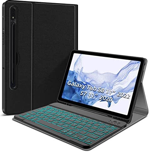 JUQITECH Backlit Keyboard Case for Samsung-Galaxy-Tab S8 S7 11 Case with 7 Color Backlit Wireless Detachable Keyboard for Galaxy Tab S8 SM-X700/X706 2022 S7 SM-T870/T875/T876 2020 11 Tablet Cover
