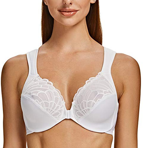 MELENECA Front Fastening Bras for Women Plus Size Underwire Unlined Lace Cup Cushion Strap White 46C