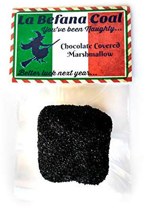 La Befana Coal Italian Christmas Witch Broom Holiday Tradition Epiphany Italy Italia Novelty Gag Gift Stocking Stuffer Chocolate Covered Marshmallow in a Gift Box