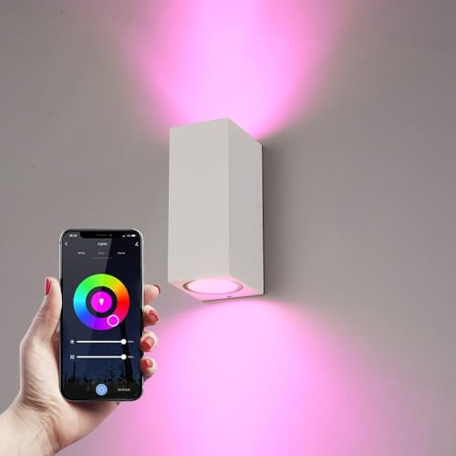 HOFTRONIC Selma - Smart Wandleuchte - Außenlampe WiFi + Bluetooth - Alexa, Google Home & Siri - Up & Down Light - RGBWW - Weiß - Für innen & außen (Smart home Außenbeleuchtung)