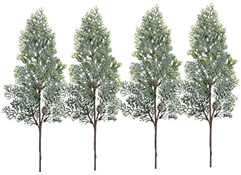QSDGFH Künstliche Tannenzweige, 59,9 cm, Weihnachtsbeflockung, Tannenzapfen, Stiel, für Weihnachtsdekoration, künstliche Grünpflanzen, 4 Stück