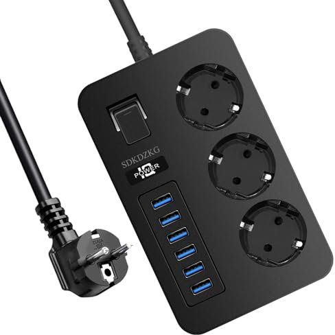 SDKDZKG Ciabatta Multipresa,con Interruttori di Controllo 3 Prese AC (13A/3000W), con 6 Porte di Ricarica USB (3,1A/5V), 1.8M Adattatore di Alimentazione Cavo, per Ufficio e Casa in Viaggio
