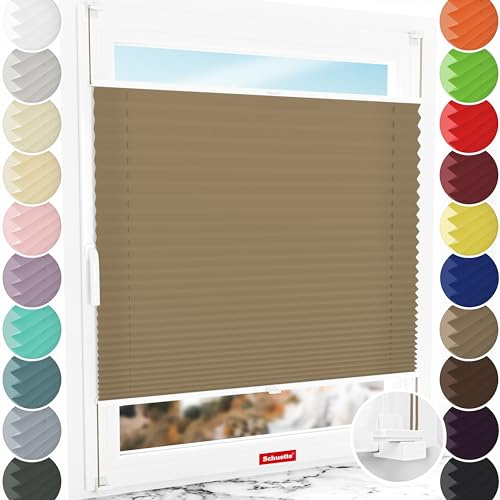 Schuette® Plissee ohne Bohren ● Premium Kollektion: Morning Coffee (Hellbraun) ● 130x120cm (Breite x Höhe) ● Suprafix Faltrollo X Klemmfix Rollo ● Blitzschnelle Montage inkl. Video