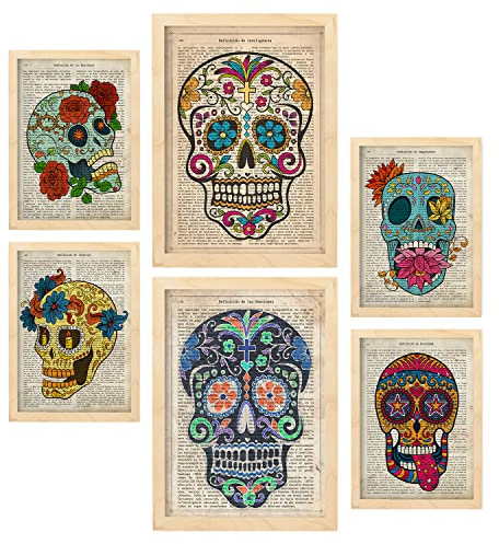Nacnic-Set von 6 Vintage-Skulls Poster. Sammlung von Platten mit ästhetischer Collage für Innendekoration. Größen A3 und A4. Mit Holzrahmen.