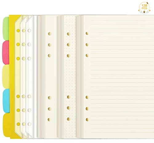A5 Nachfüllpapier Set, 120 Blatt A5 Papier Gepunktet Horizontale Linie Papier A5 Blanko Papier Kariertes Papier mit 3 Postkarten Hüllen 5 Farbige Trennblätter A5 für 6 Ring Binder Notizbuch Tagbuch