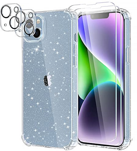 YIRSUR Funda para iPhone 14 Plus Glitter, con 2 Pack Cristal Templado y 2 Pack Protector de Lente de Cámara, Transparente Brillante Carcasa Silicona TPU Airbag Anti-Choque Case