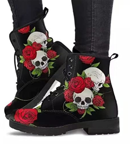 Onsoyours Bottes Femme Automne et Hiver Gothiques Punk Bottines Biker Cheville à Talon Bloc Impression Bout Rond