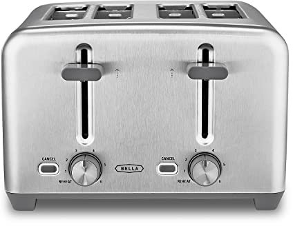 BELLA 4 Slice Toaster with Auto Shut Off, Extra Wide Slots and Removable Drop-Down Crumb Tray with Cancel and Reheat Function, For Texas Toast, Large Bread and Bagel, Stainless Steel