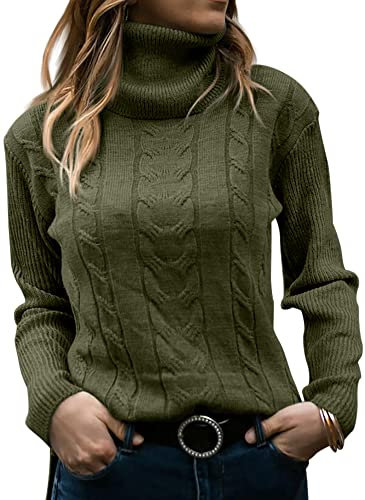 GeGekoko Womens Turtleneck Sweaters Cable Knit Long Sleeve Tops Pullover Soft Jumper ArmyGreen
