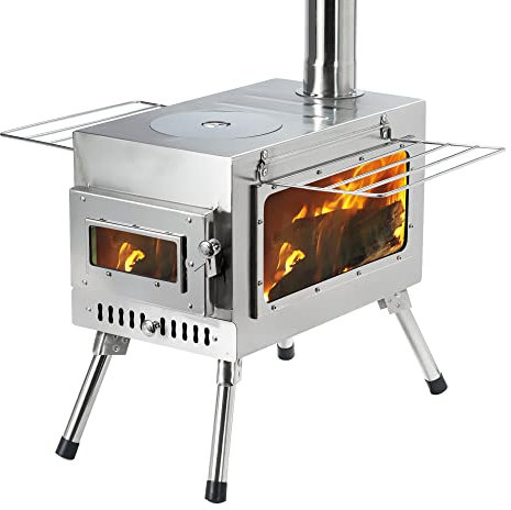 DoinMaster Estufa de camping al aire libre, estufa de leña portátil con tubo de chimenea para tienda de campaña, refugio, calefacción y cocina de camping (acero inoxidable, grande)