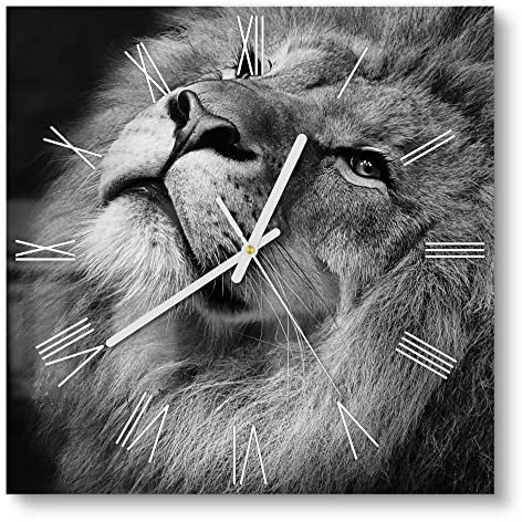 DEQORI Glasuhr | 30x30 cm | Motiv Der König der Tiere | ausgefallene leise Design Uhr aus Glas | Wanduhr für Wohnzimmer & Küche | moderne Hingucker Uhr für die Wand