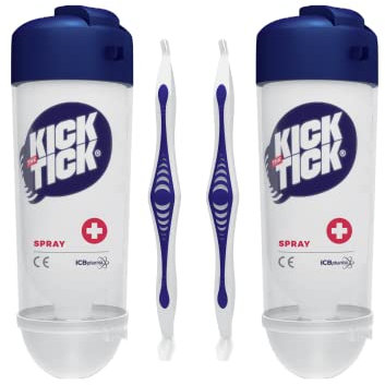 KICK THE TICK Vereisungsspray mit Zeckenzange – Zeckenentferner Set für Mensch, Kind, Hund & Katze – schmerzfreie Zeckenentfernung – 2er Pack, über 80 Anwendungen