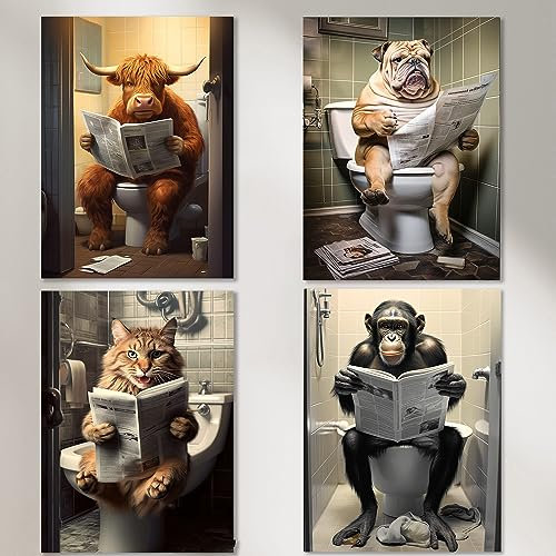 Dekomundo Lustige Bilder Tiere lesen Zeitung auf Toilette Poster Set, A4 (21x29,7) cm