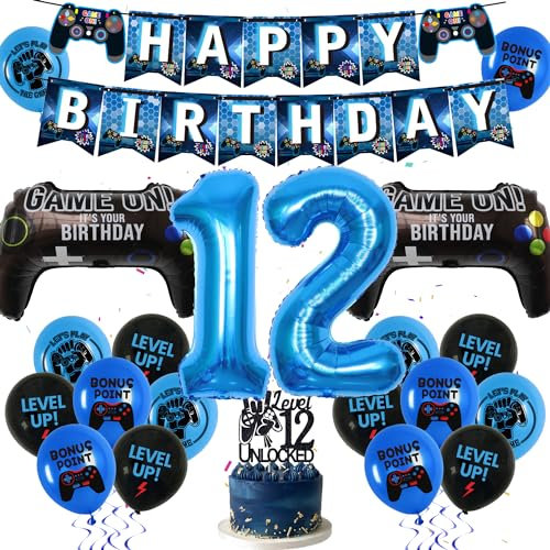 37 Pcs Video Game Birthday Decorations for Boys, 12th Blue Gaming Theme Party Balloons for Gamer Fans with Banners, Cake Topper, Game Controller Foil Balloon and Cool Latex Balloons Party Supplies