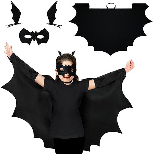 ASSUGO fledermaus kostüm kinder, fledermaus umhang kinder schwarz mit haarreif und maske, fledermausflügel kinder mädchen, Haarspangen 3PS für Halloween Cosplay Party für Kinder (4-10)