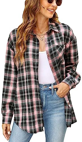 Megfie Chemise surdimensionnée à carreaux en flanelle douce pour femme - Chemise enroulable à manches longues en flanelle, Noir et rose, Taille L