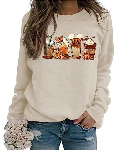 Navna Frauen Shirt Winter Herbst Einfarbig Lange Ärmel Kürbis Kaffee Gedruckt Rundhals Top Für Täglich Büro Schule Mädchen Nette Sweatshirt, Sandfarbe, 48