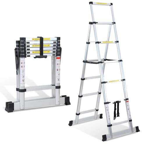 Randaco Scala telescopica in alluminio 1,7 m + 2,0 m, telaio A 5 + 6 livelli, scala allungabile per riparazioni di tetto, dimensioni piegate 65 cm, portata 150 kg