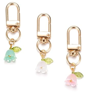 SWJEWEL Schlüsselanhänger mit Blumen-Motiv, Perlglanz, Weiß, Rosa, kleines grünes Blatt, Schlüsselanhänger für Damen, Tasche, Charm, Blume, Auto, Schlüsselanhänger, Geldbörse, Rucksack, Handtasche,