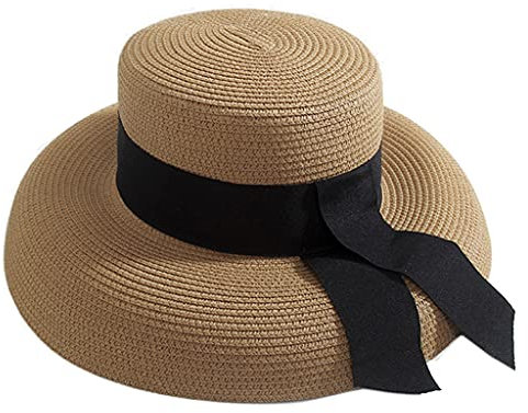 COSSIKA Hepburn Ribbon Straw for Sun Hat for Women Outdoor Activities Black Ribbon Decoration Straw Hat Wide Brim for Sun Ladies Summer Beach Sea