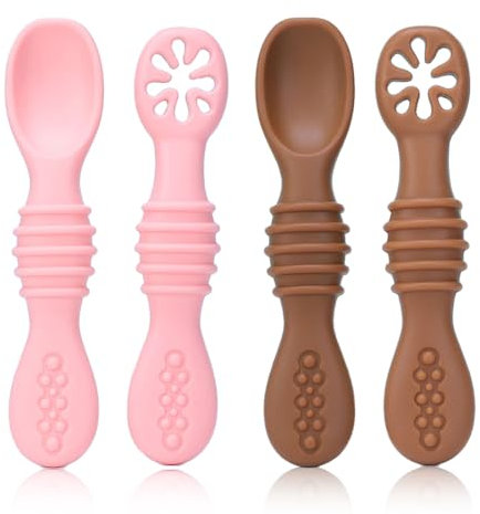 OUDQFCJ 4pcs Cuillères D'apprentissage pour Enfants et Bébé Cuillere Bebe Apprentissage Ustensile D'apprentissage en Silicone Adapté à Dentition Première Étape Recommandé