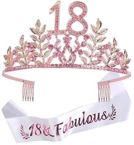 GIVBRO Diadem zum 18. Geburtstag, Zahlenblätter, Strass-Krone mit Kämmen, Schärpe für Mädchen, Party-Dekorationen