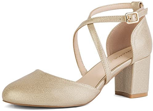 Greatonu Damen Pumps Riemchenpumps Spangenpumps Sandale mit Kreuz Knöchelriemen Blockabsatz Geschlossener Spitze Glitzer Pumps - Perfekt für Hochzeiten und Partys Gold 42 EU
