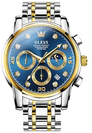 OLEVS Herrenuhr Blau Großes Zifferblatt Mondphasen Chronograph Diamant Uhr Herren Zweifarbig Edelstahlband Analoger Quarz Watches for Men Wasserdicht Lässig Kalender Herren Kleid Uhr