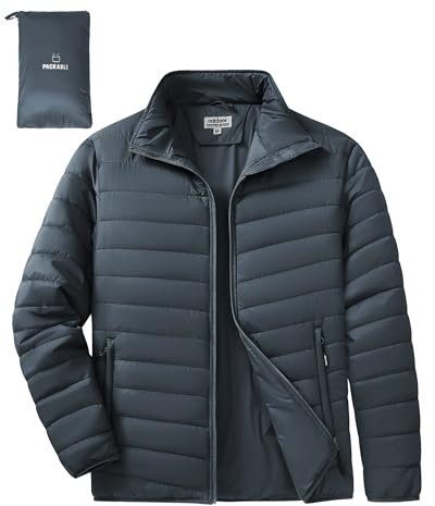 Outdoor Ventures Men's Packable Puffer Jacket Insulated Lightweight Puffy Coat Warm Portable Padded Water Resistant Jacket for Hiking Travelling Camping Dark Grey M