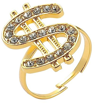 FUKAJOMFEN Hip-Hop-Ring mit Kristall-Dollarzeichen, Geld-Symbol, verstellbarer Fingerring, Schmuck, Kostüm-Requisiten, Mode-Accessoires, Siehe Abbildung