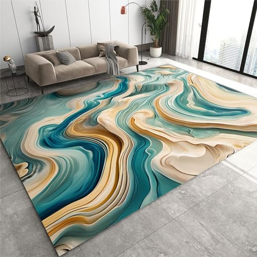 SANSJI Petrol/Gold Flüssiger Abstrakter Marmor Teppiche Gegend, Moderne Ästhetik Kurzflor Kinderteppich - für Terrasse Garten, Küche, Bad Oder 60 x 90 cm