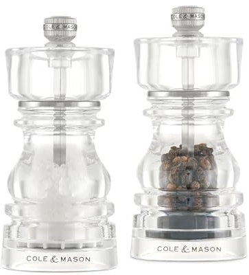 Cole & Mason London Acrylic Salt and Pepper Mill Set, 130mm, Precision+ Carbon/Ceramic Mechanisms, Salt and Pepper Grinders with Adjustable Grind, Gift Set